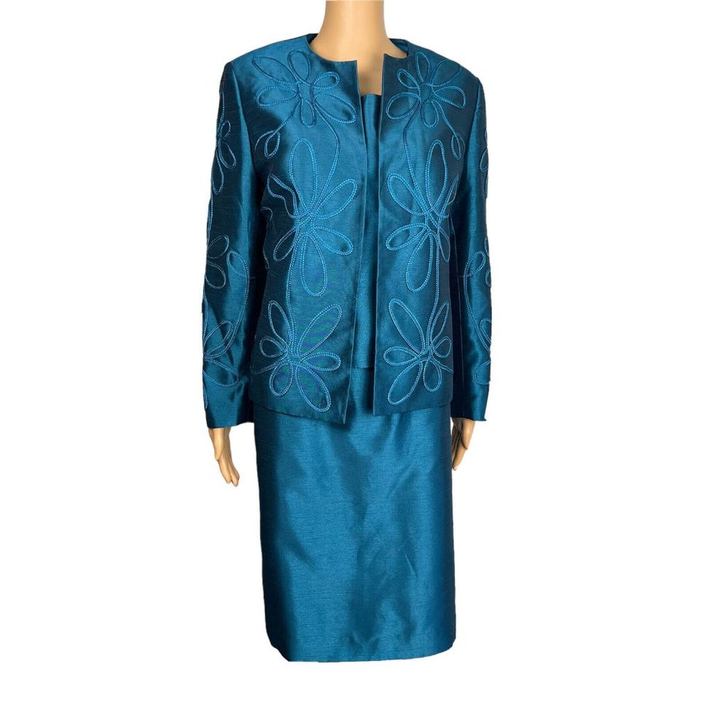 KASPER 3PC Dark Green Polyester Nylon Lined Embroidered Skirt Suit Top